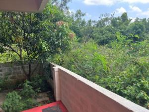 a garden with a wall and trees and bushes at RoyalNest Gardenia in Belgaum