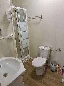 a bathroom with a toilet and a shower and a sink at Studio 3 lits in Saint-Louis