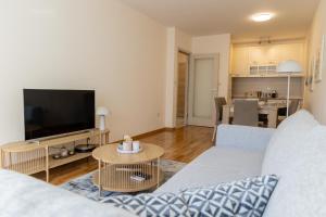 a living room with a couch and a tv at Lumi Apartment in Podgorica