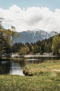 a body of water with mountains in the background at Hôtel du Glacier in Champex