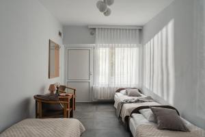 a row of beds in a room with a window at Rewita Pieczyska in Koronowo