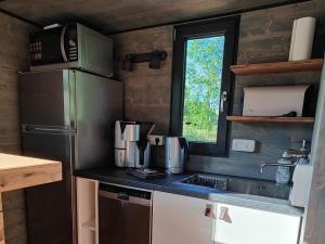 eine Küche mit einem Edelstahlkühlschrank und einem Fenster in der Unterkunft Spektakuläres Tiny House im Teich mit Terrasse und Kamin in Großharthau