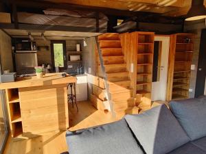 ein winziges Haus mit Küche und Wohnzimmer in der Unterkunft Spektakuläres Tiny House im Teich mit Terrasse und Kamin in Großharthau