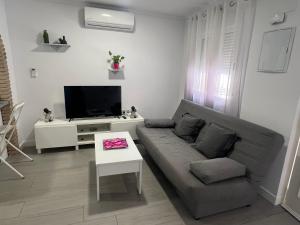 a living room with a couch and a tv at Estudio Bajamar in Torre del Mar