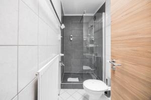 a white bathroom with a toilet and a shower at Pension Domblick in Wetzlar +35 photos