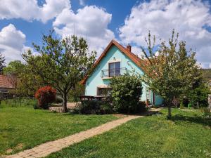 a blue house with a bench in a yard at Salvia Guesthouse Balatonfüred in Balatonfüred