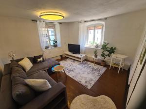 a living room with a couch and a tv at Ferienhaus Mia in Neumagen-Dhron