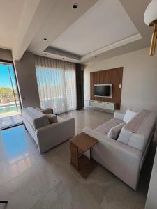 a large living room with two couches and a tv at Olea Stone Houses in Bodrum City