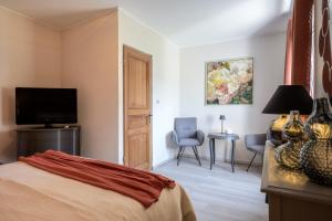 a bedroom with a bed and a tv in a room at Chez Noëlle - Piscine in Sélestat