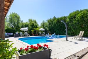 a swimming pool with red flowers in a yard at Chez Noëlle - Piscine in Sélestat