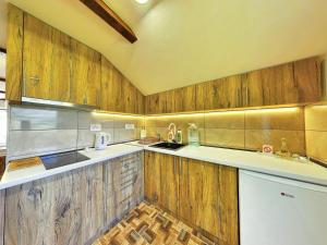 a large kitchen with wooden cabinets and a sink at Apartman Dve lipe in Palić