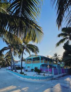 a blue house on the beach with palm trees at Barefoot Beach Belize in Caye Caulker