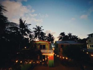 a house with lights on the side of it at night at Barefoot Beach Belize in Caye Caulker