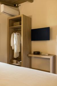 a bedroom with a bed and a tv and a shelf at Meteora boutique villa A in Kalabaka