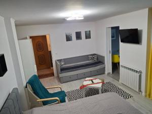 a living room with a bed and a tv at Studio F13 in Topliţa