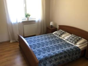 a bedroom with a bed with a blue comforter and a window at Apartament Zielone Buki in Buczkowice