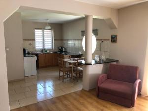 a kitchen and living room with a table and a chair at Apartament Zielone Buki in Buczkowice