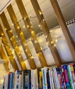 a row of books on a shelf with lights at Tiny House de Clara in Avrillé