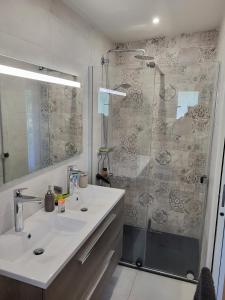 a bathroom with a sink and a shower at Maison Fabien in Surzur