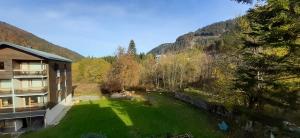a building with a grassy yard next to a mountain at La Louvatière 28 in Mijoux