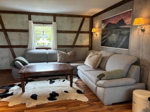 a living room with a couch and a coffee table at The Chess House Lofoten - Luxury Arctic Villa in Fredvang in Fredvang +49 photos