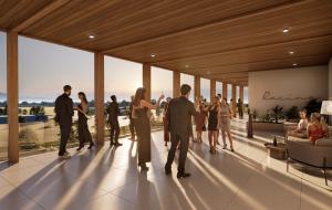 a rendering of a group of people standing in a lobby at Hotel a vinařství Lacina in Velké Pavlovice