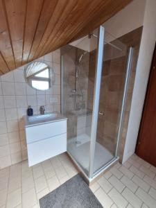 a bathroom with a shower and a sink at Ferienchalet Hechingen in Hechingen +25 photos