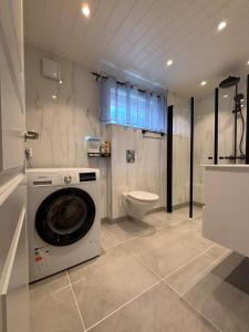 a bathroom with a washing machine and a toilet at The Chess House Lofoten - Luxury Arctic Villa in Fredvang in Fredvang