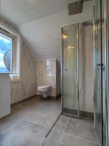 a bathroom with a toilet and a glass shower at The Chess House Lofoten - Luxury Arctic Villa in Fredvang in Fredvang