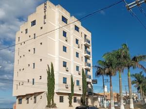 a tall white building with palm trees in front of it at Hotel João Luzia in Villa Nova de Resende