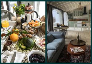 two pictures of a living room with a table full of food at Hotel Masía de Altea in Altea
