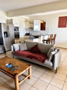 a living room with a couch and a kitchen at VILLA CARAIBE in Sainte-Luce