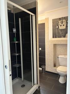 a bathroom with a toilet and a glass shower at Punta di Mare in Linguizzetta +35 photos