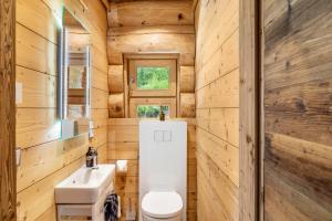 a bathroom with a white toilet and a sink at Chalet Weiss in Wörgl +30 photos