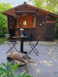 a cabin with a table and chairs in front of it at Lagarta , la buche in Étival