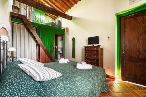 a bedroom with a green and white bed and a television at Agriturismo Scannano in Serre di Rapolano +197 photos