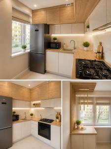 a kitchen with white cabinets and a stainless steel refrigerator at Family Spot in Konin +12 photos