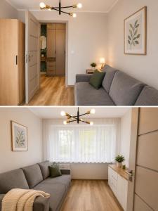 a living room and dining room with a gray couch at Family Spot in Konin