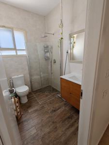 a bathroom with a toilet and a shower and a sink at לנשום בצוקים in Zuqim