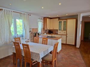 a kitchen with a table and some chairs and a table and a counter at Apartmani Dijana in Rab