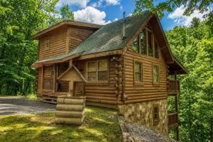 a log cabin house in the woods with trees at Cub Crossing, Free Attraction Tickets, Hot Tub, Pool Table, WIFI!!! in Sevierville