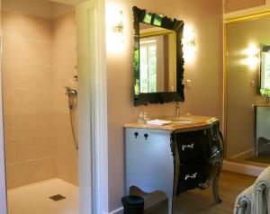 a bathroom with a sink and a mirror at La Belle Chartreuse in Manciet +11 photos