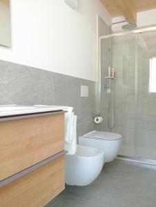 a bathroom with a shower and a toilet and a sink at Casa ecologica Ai Ronchi in Gallio