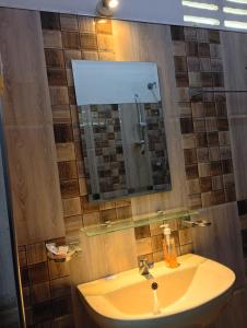 a bathroom with a sink and a mirror at Sigiriya Hillside View Villa in Sigiriya