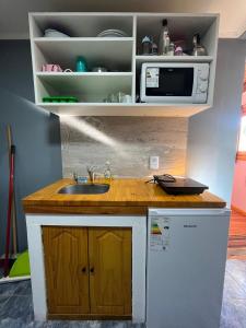 a kitchen with a sink and a microwave at Sierras de Canela Tiny in Tandil