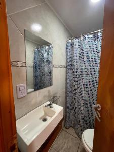 a bathroom with a sink and a shower curtain at Sierras de Canela Tiny in Tandil +4 photos
