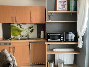 a small kitchen with wooden cabinets and a microwave at Rügen Fewo 307 in Sagard