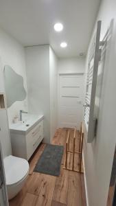 a bathroom with a toilet and a sink and a staircase at Wiosłem w Hamaku Domek nad Wkrą in Rybitwy