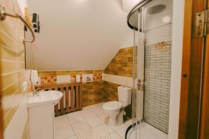 a bathroom with a toilet and a sink and a shower at Beachside Guest House Piejuras nams in Ķesterciems