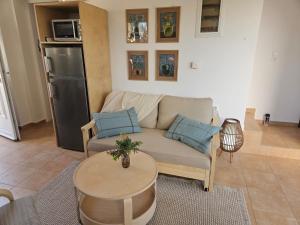 a living room with a couch and a table at Myrtos Hidden Garden Villa in Ierapetra